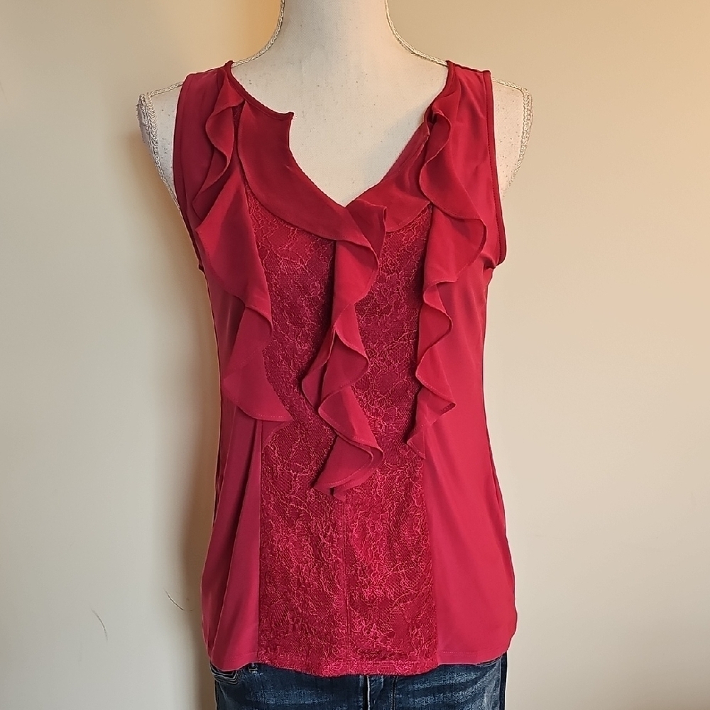 White House Black Market Red Plum Ruffled Blouse